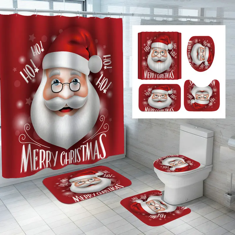 christmas series santa claus golden bell printed waterproof bathroom shower curtain xmas toilet cover soft flannel mat 4pc set free global shipping