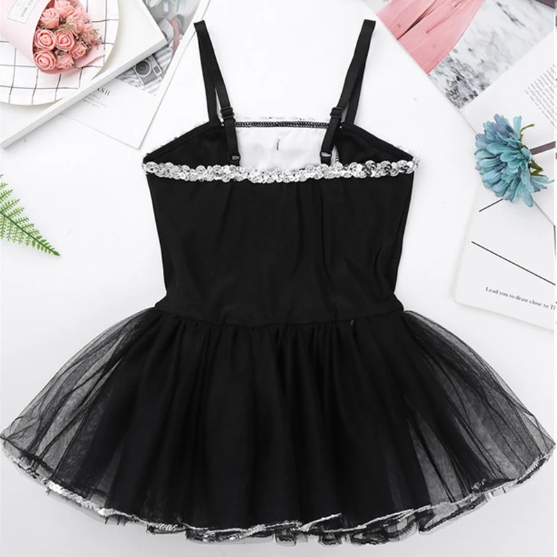 

Girls Kids Spaghetti Straps Shiny Sequins Trimming Ruffled Mesh Ballet Dance Leotard Tutu Dress Tuxedo Look Child Ballet Dress