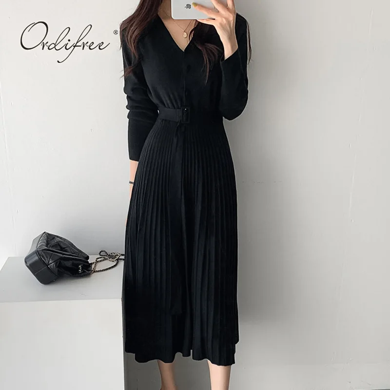 Женское трикотажное плиссированное платье Ordifree элегантное винтажное