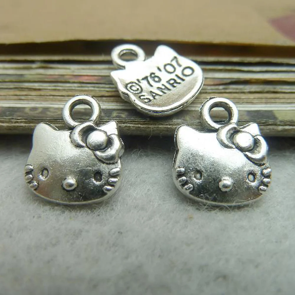 

50pcs Kitty Cat Charms 10mm x 13mm DIY Jewelry Making Pendant antique silver color