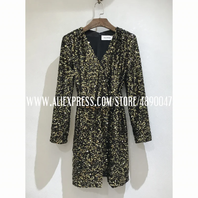 

Fashion sexy sequin dress women party dress short evening dress Sequined V-neck Long Sleeve Belt Slim Waist Midi Dress