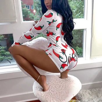 Novel Style Chili Printed Short Jumpsuits Long Sleeve Casual V-neck Bodycon Romper Slim Stretch Sexy Autumn Christmas Playsuits 1