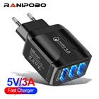 Зарядное устройство Ranipobo USB 3A, быстрая зарядка 3,0 мобильный телефон, для iPhone 13, 12, Samsung, Xiaomi, 3 порта, настенное зарядное устройство, вилка стандарта ВеликобританииЕССША