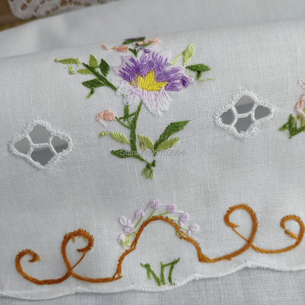 Color Hand Embroidery Linen Cleaning Purple flowers Cloths Kitchen Bathroom Towels | Handkerchief