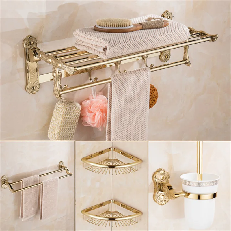 

Bathroom Accessories Set Gold Carved Brass Towel Rack Paper Holder Towel Bar Robe Hooks Soap Dish Corner Shelf Bath Hardwre Set