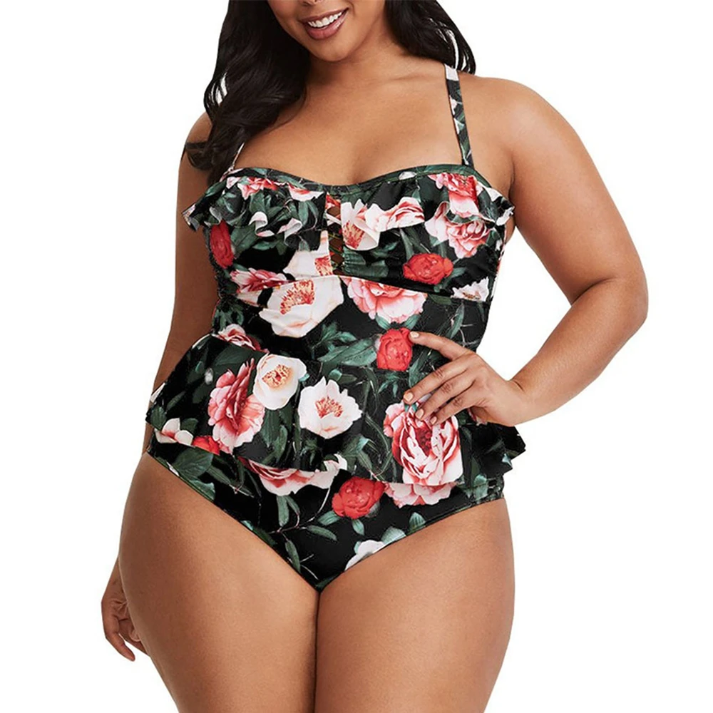 

Plus Size Tankini Swimwear Women sexy Two Piece Swimsuit Skirt 2020 Summer Ruffle Print Brazilian Female Retro Swimming Dress