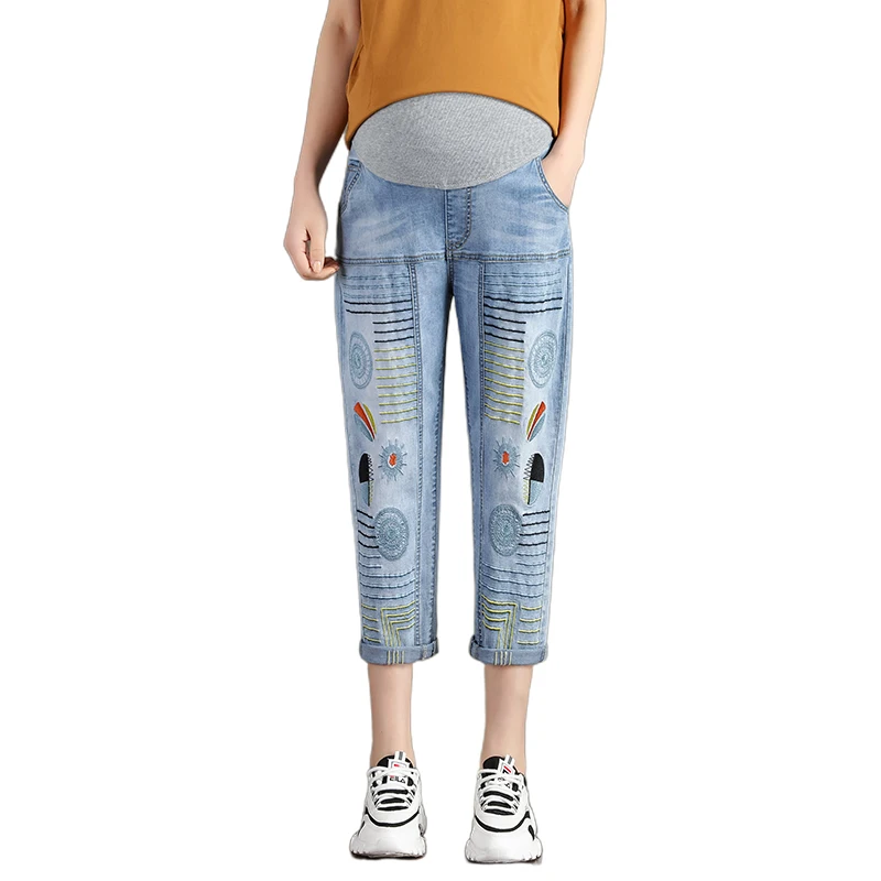 Брюки для беременных с вышивкой повседневные свободные хлопковые брюки до