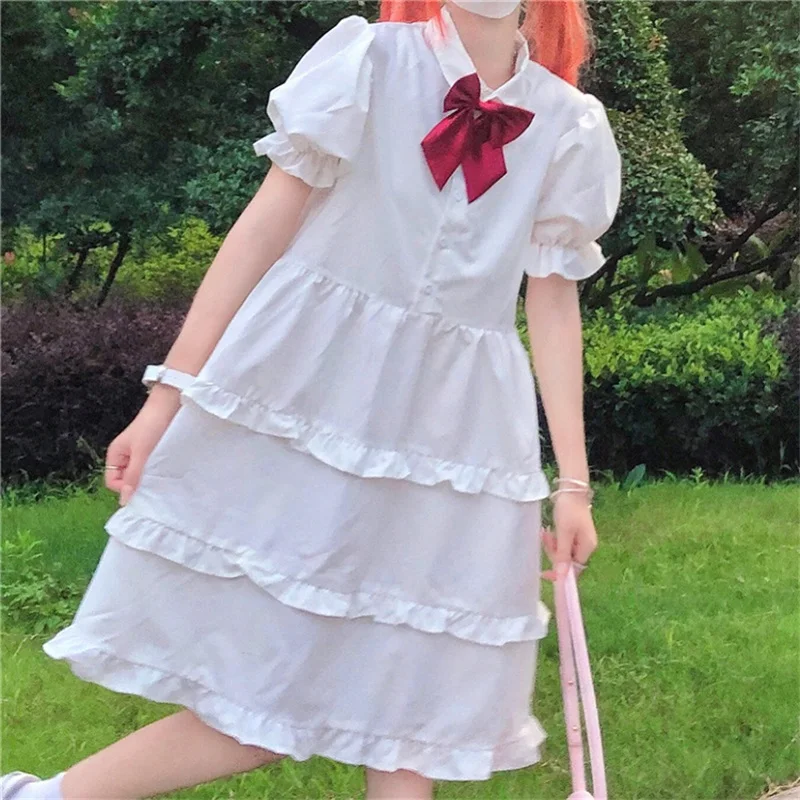 

Japanese Sweet Girly Fairy White Women Dress Summer Soft Girly Cute Bow Tie Puff Sleeve Cake Dresses Ruffle Loose Midi Dresses