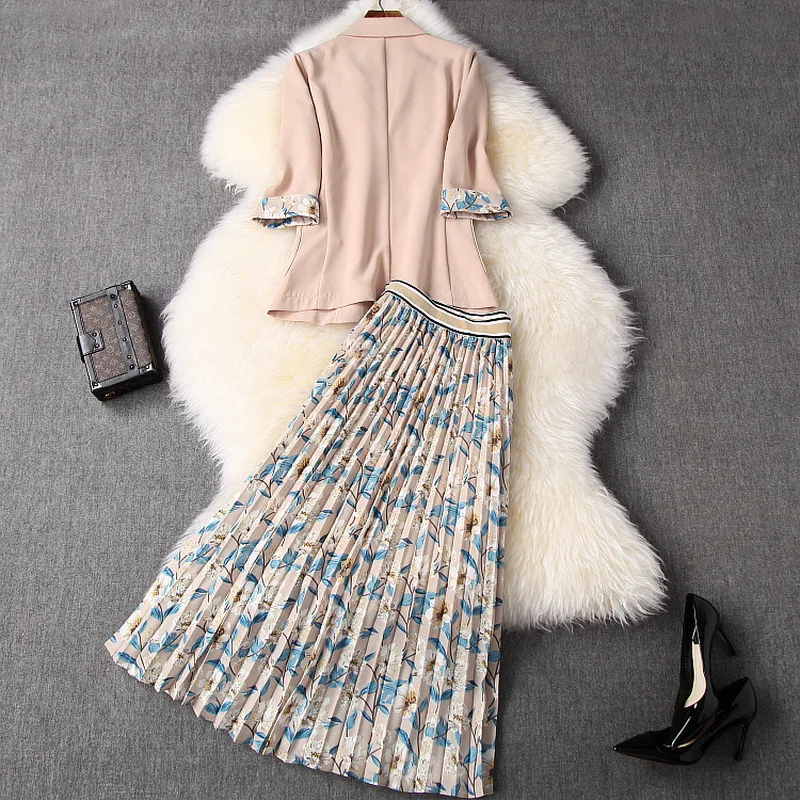 

High Quality Blazer 2020 Spring Summer Coat Women Notched Collar Single Button Coat+ Flower Print Pleated Skirt Sets
