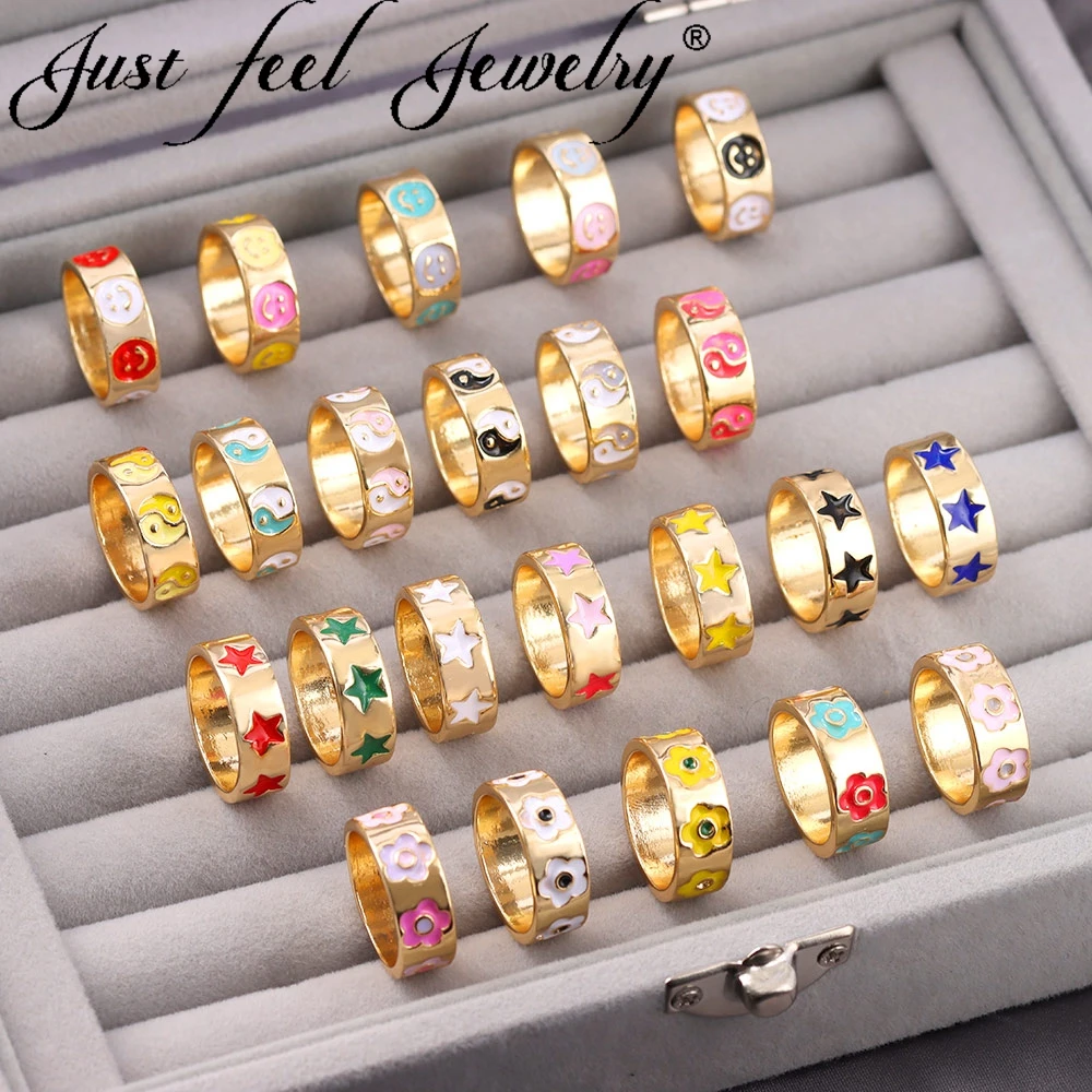 

JUST FEEL Cuet Multicolor Enamel Metal Geometric Rings for Women Gold Color Sweet Smiley Flower YinYang Star Ring Jewelry Gift