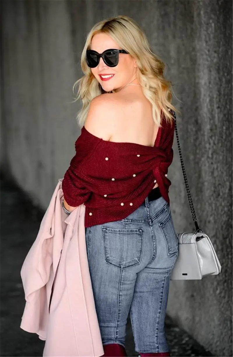 Женский свитер с жемчужными бусинами и V-образным вырезом милые Бордовые женские