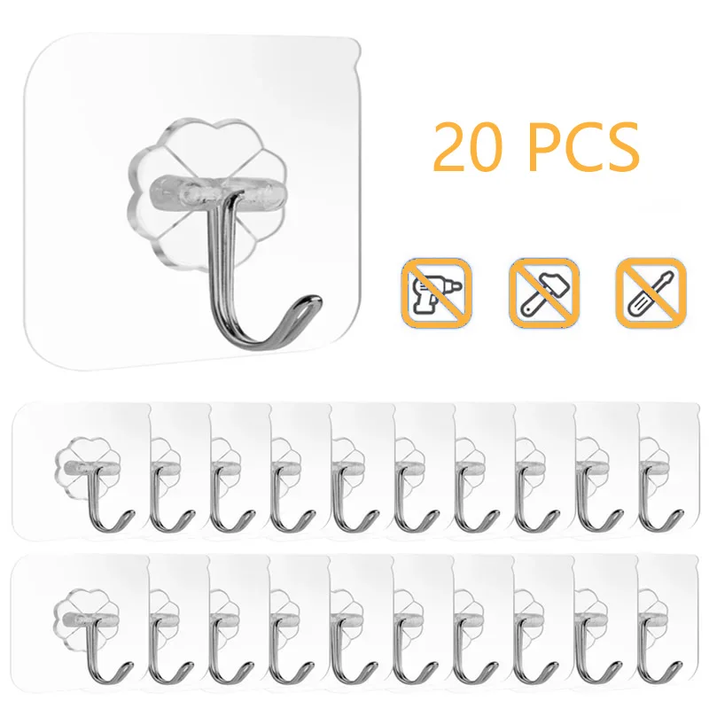 

20Pcs 6x6cm Transparent Hooks Highly Self Adhesive Door Hanger Hooks Strong Suction Heavy Load Sucker Hook for Kitchen Bathroom