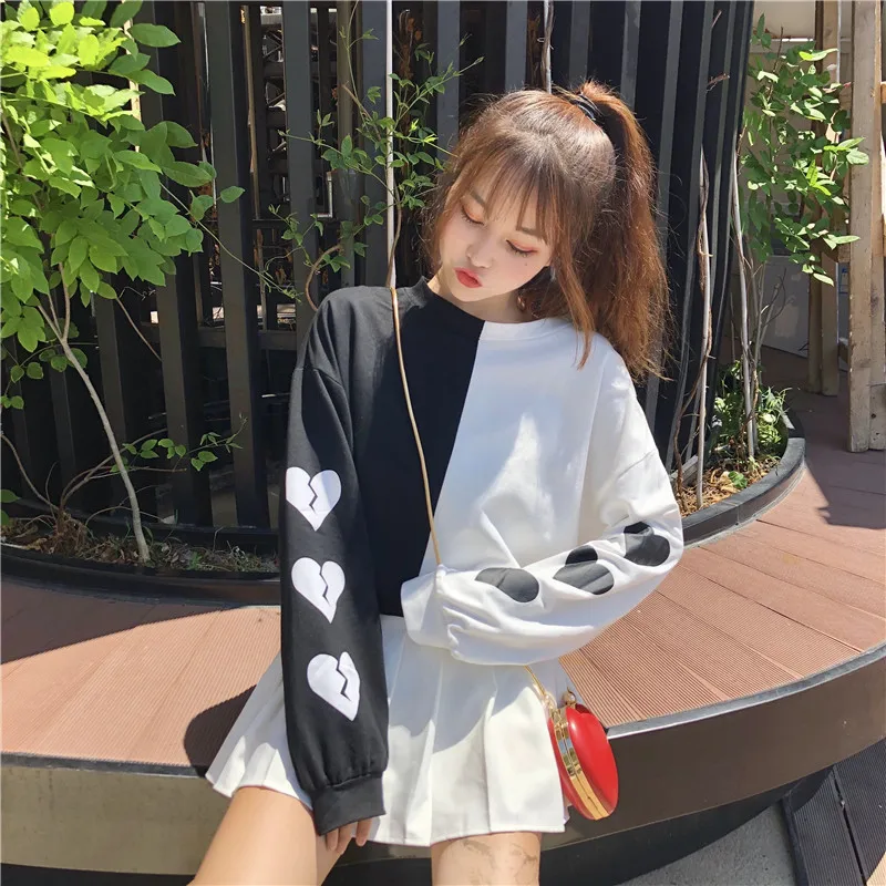 

Women Clothing autumn winter new Korean style fashion Hoodies woman love panelled patchwork loose short Sweet beauty Sweatshirts