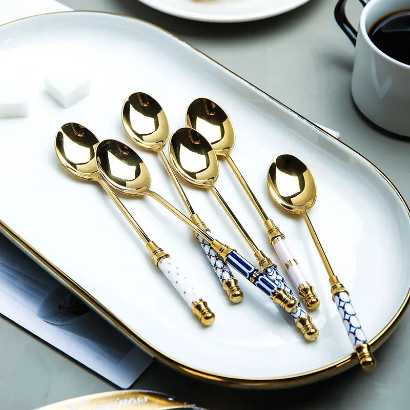 Stainless Steel Dessert Spoon Ceramic Long Handle Icecream Spoon Teaspoon Gold Coffee Cake Fruit Milk Spoon Kitchen Tableware images - 6