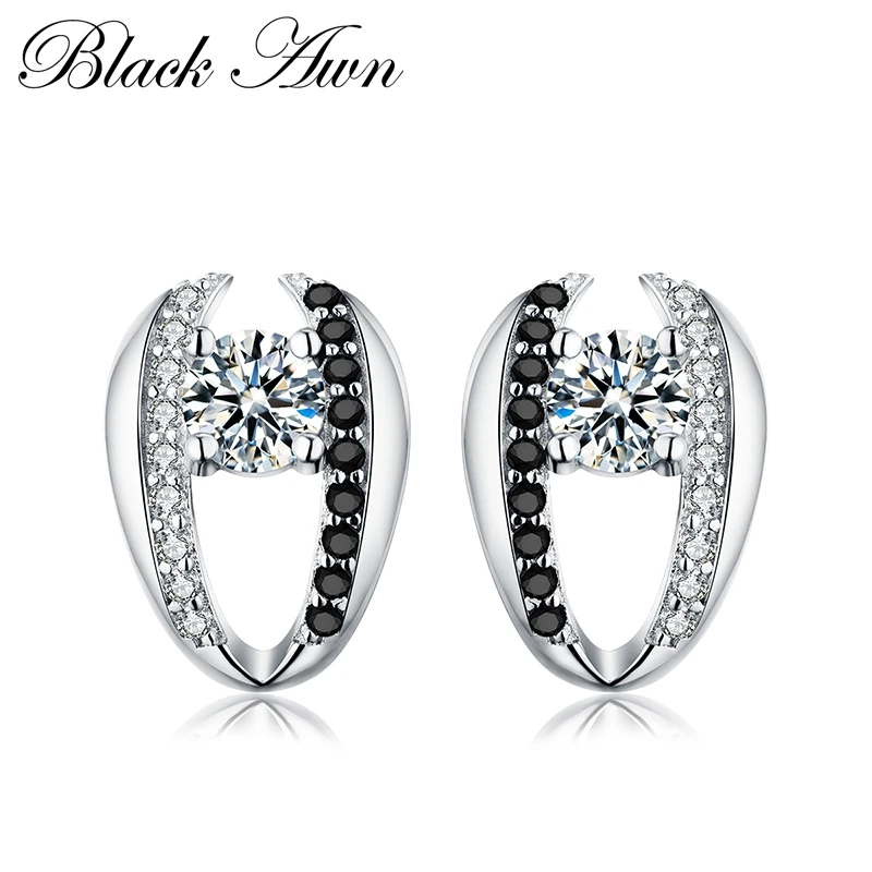 Женские серьги гвоздики с черным и белым камнем повседневные ювелирные изделия