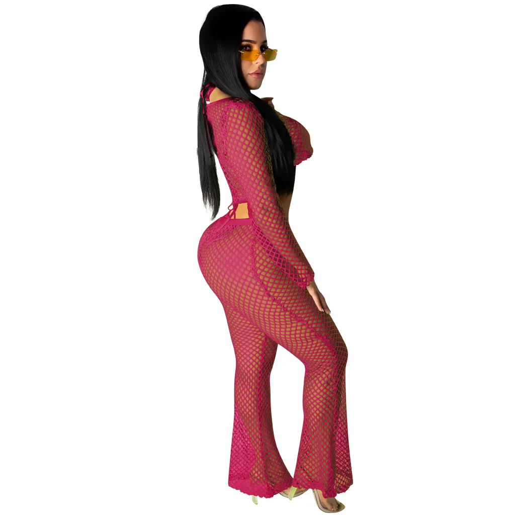 

RStylish 2021 Summer Outfit Sexy Solid Fishnet Mesh See Through Long Sleeve Crop Tops Long Pants Slim Fit Streetwear 2 Piece Set