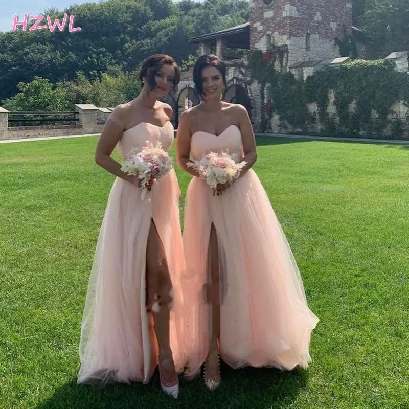 

Pink Country Bridesmaids Dresses 2021 A Line High Split Cheap Beach African Wedding Guest Gowns Maid Of Honors For Women