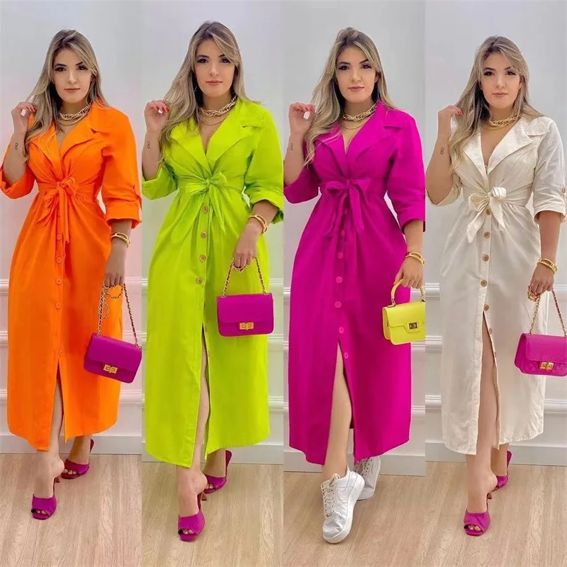 

Осеннее платье-рубашка, женское модное однотонное платье-рубашка на пуговицах с длинными рукавами и шнуровкой для женщин