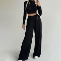 long sleeve women tracksuit wide leg turtleneck cropped top tracksuit for home women top blouse long sleeve top tracksuit 2021