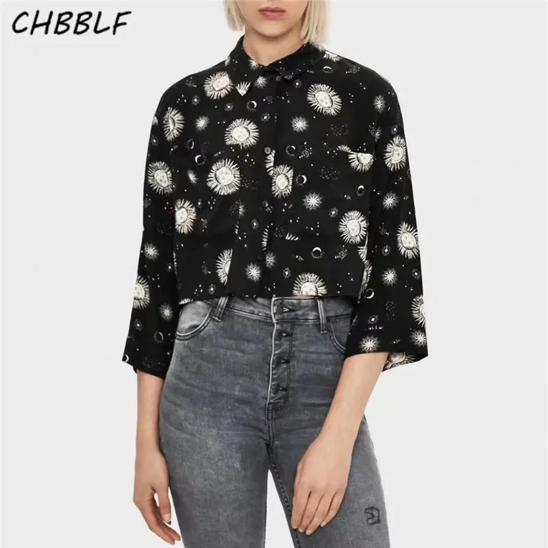 

CHBBLF Женская стильная блузка с принтом, отложным воротником и рукавами-фонариками, однобортный женский модный Свободный шикарный топ с карм...
