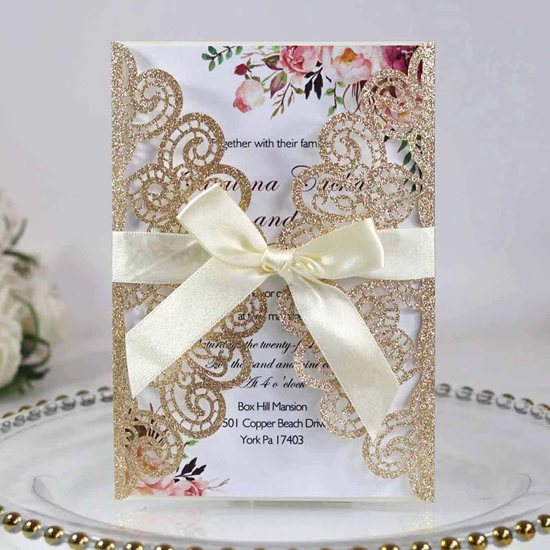 50 шт. блестящие бумажные Пригласительные открытки с лентой лазерной резкой