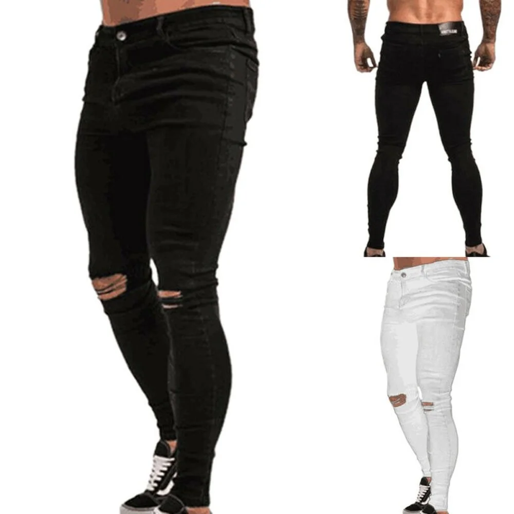 

Mens Skinny Destroyed Ripped Jeans Stretch Denim Biker Pants Slim Fit Trousers