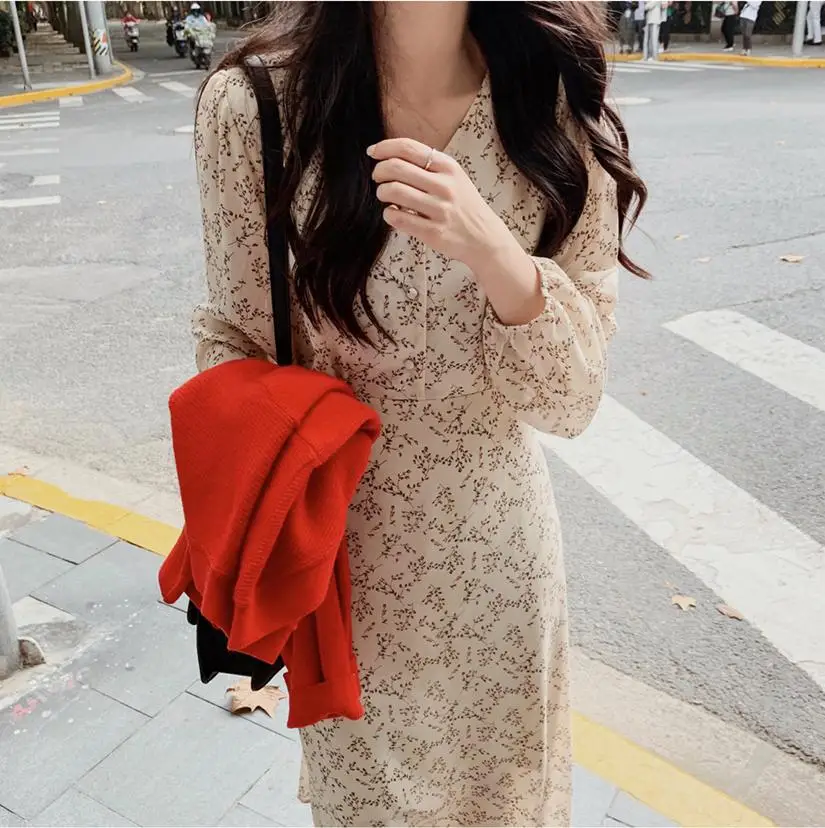 Vintage V-neck Buttons Lace-up Female Chiffon Dress Full Sleeve Midi Elegant Casual Floral Print Women 2022 | Женская одежда