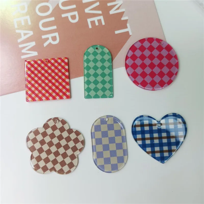 

New 50pcs/lot color lattice pattern print geometry rounds/heart/flower shape acrylic beads diy jewelry earring/garment accessory