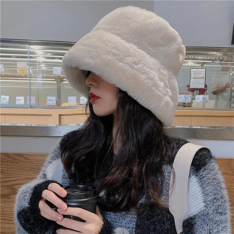 

2021 Fashion Autumn women Winter Cute bear ears Fur Bucket Hat Bear Ear Ball Plush Fisherman Hat Soft Warm Thick Basin Hat