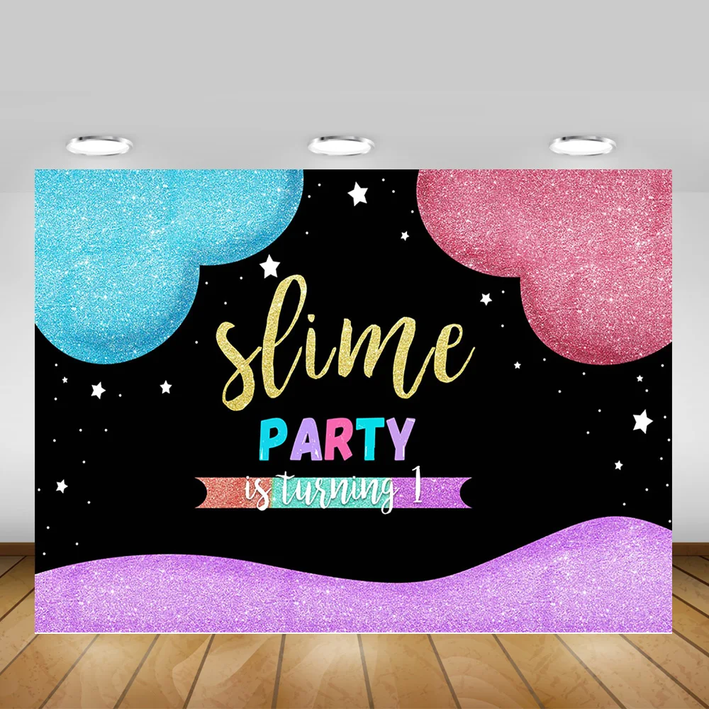 

Slime Party Photography Backdrop Newborn 1st Birthday Party Banner Decor Background Glitter Blue Pink Heart Stars Supplies Props