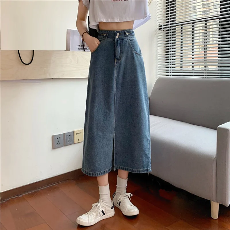 

Denim Skirt Women's Summer Korean Chic High Waist Slimming Retro Style Split Mid-Length A- line Skirt Fashion