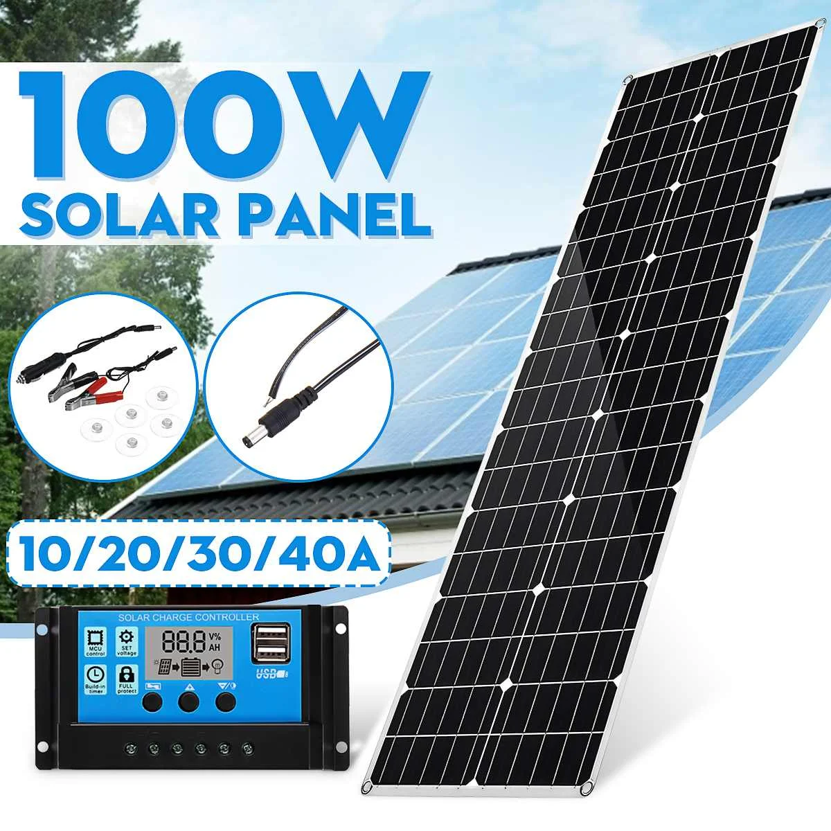 100W Панели солнечные 18V Dual USB Автомобильное зарядное устройство Мощность банка доска солнечная батарея+ 10/20 Вт, 30 Вт, 40A Панели солнечные регулятор автомобиля Зарядное устройство для приготовления пищи на воздухе