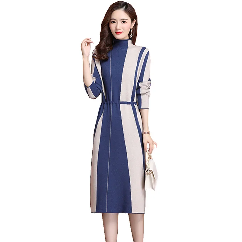 

Plus Velvet Thick Knitted Dress New Women 2022 Autumn Winter Dresses Elegant Slim Dresses Ladies Loose Stretch Cotton Dress G335