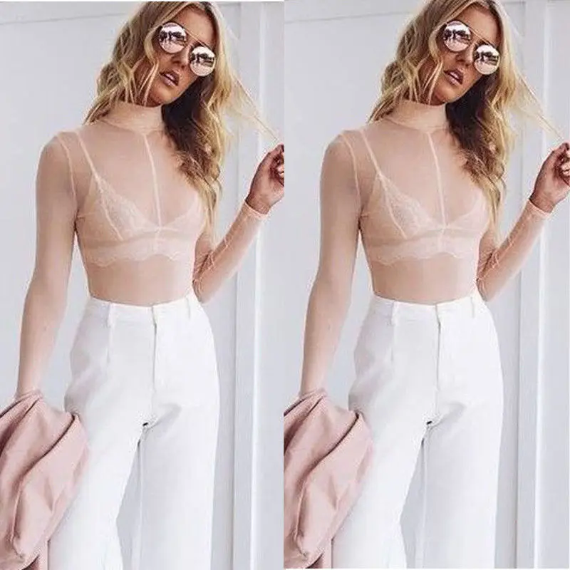 Модные женские облегающие футболки Прозрачный Топ с длинным рукавом Клубная