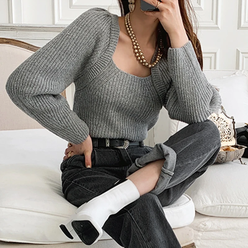 

Solid Color Long Sleeve Pullover Knitting Sweater 2020 Winter Women Gentle Casual Square Collar Loose Soft