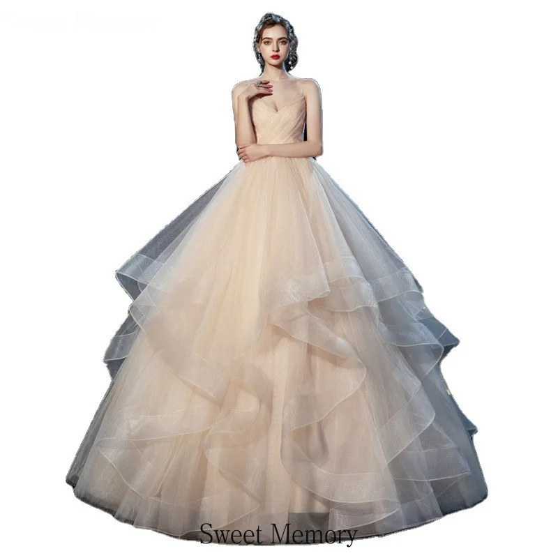 

A147 Sweet Memory 2021 Bride Dresses Princess Champagne White Wedding Dress V-Neck Tiered Party Gown Woman Graduation Vestidos