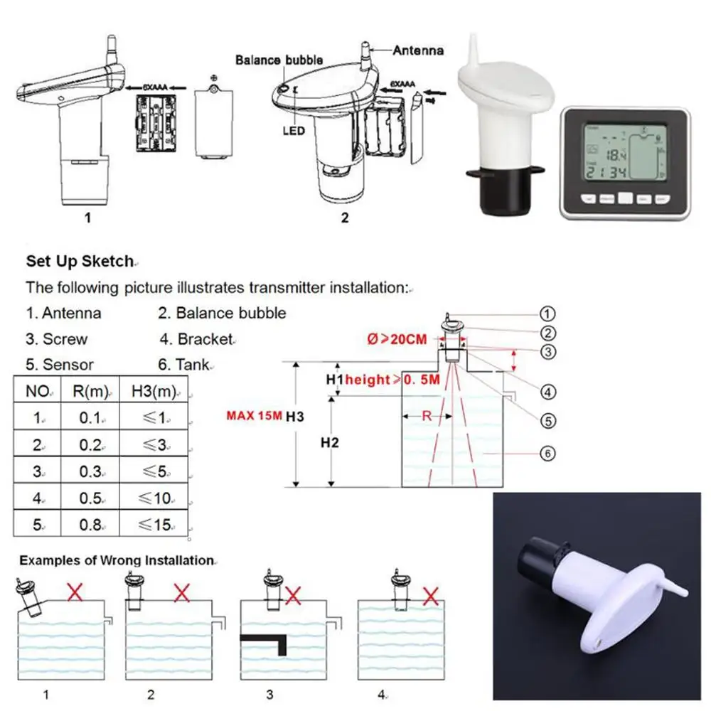 

New Thermometer Ultrasonic Electronic Water Tank Level Gauge with Indoor Temperature Display Thermometer Clock Water Level Gauge