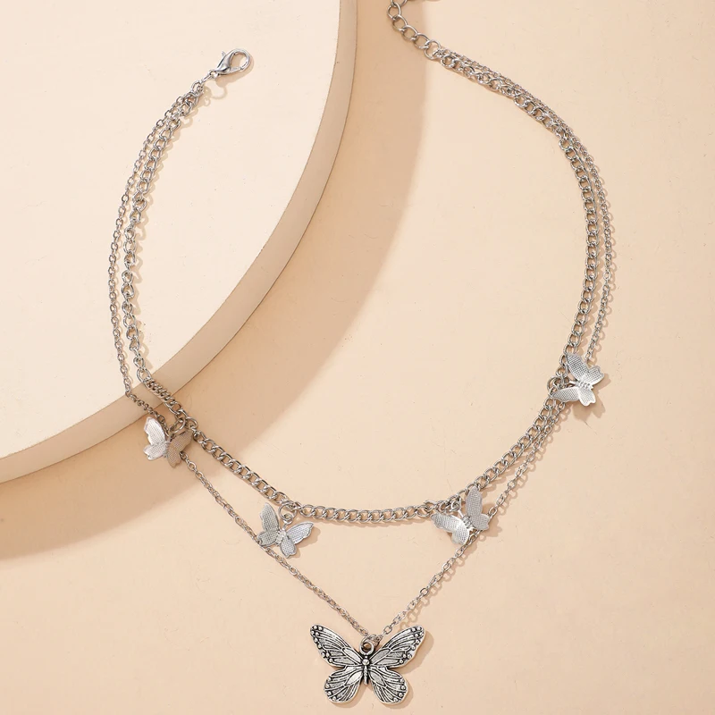 Женское ожерелье с подвеской-бабочкой Tocona винтажное серебристое многослойное