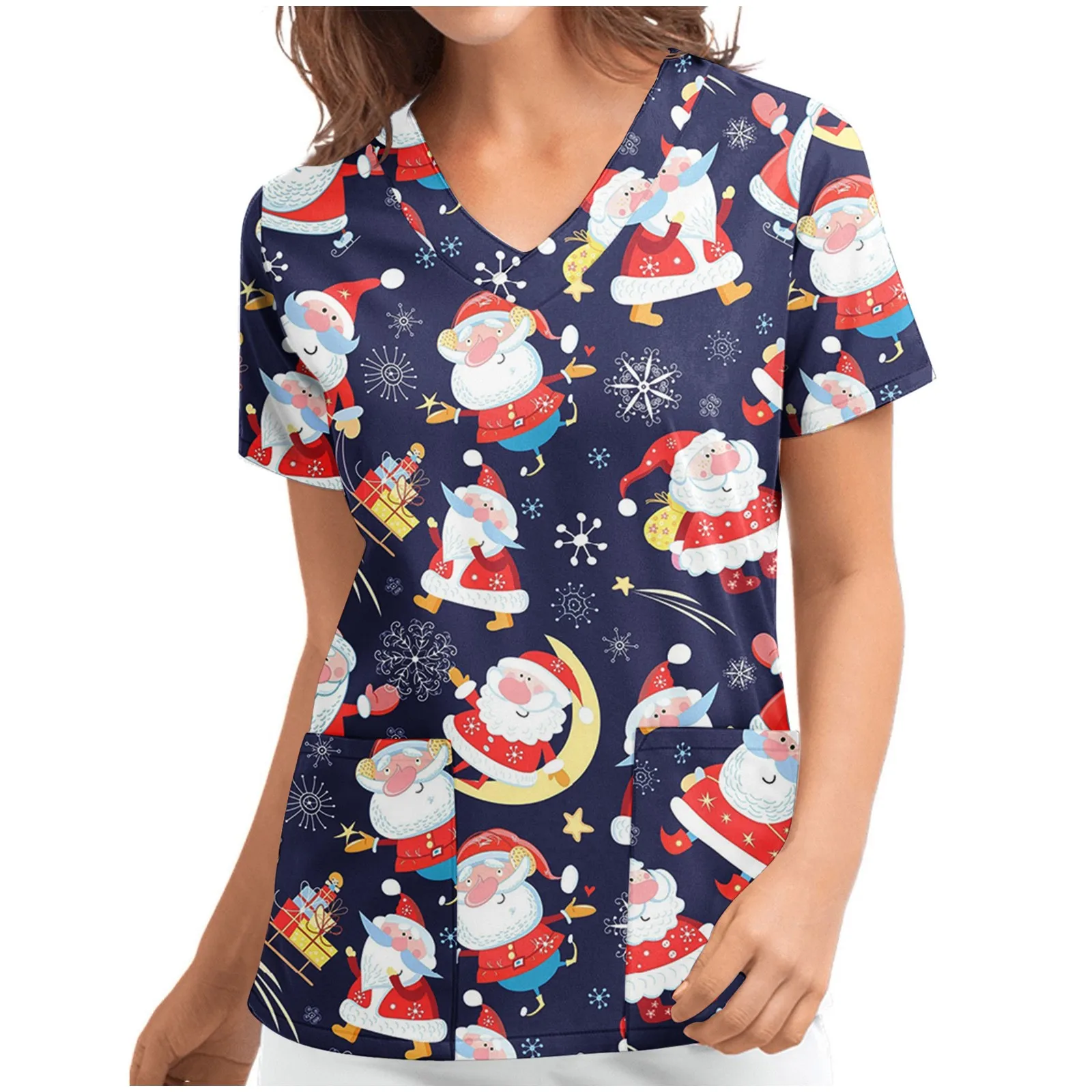 

Christmas Women Medical Nurse Uniform Scrub Tops Santa Claus Short Sleeve V-neck Snowman Pattern Top Nursing Uniform T-shirts