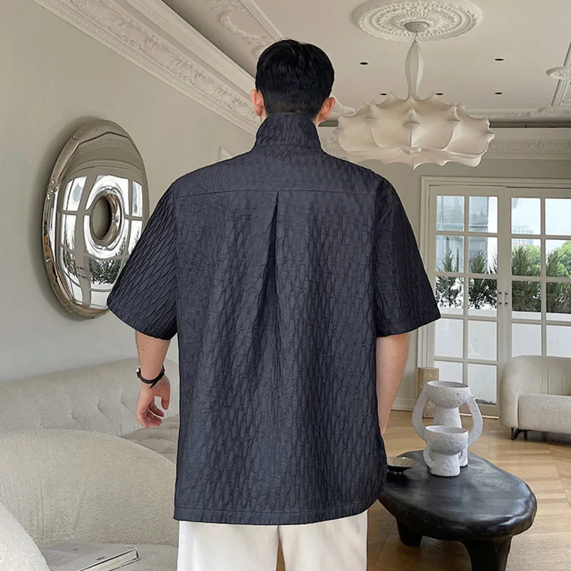 

IEFB 2021 Summer Ins Solid Color Pleated Tops Stand Collar Zipper Button Short Sleeve Shirt Black Apricot Oversize Shirts 9Y7865