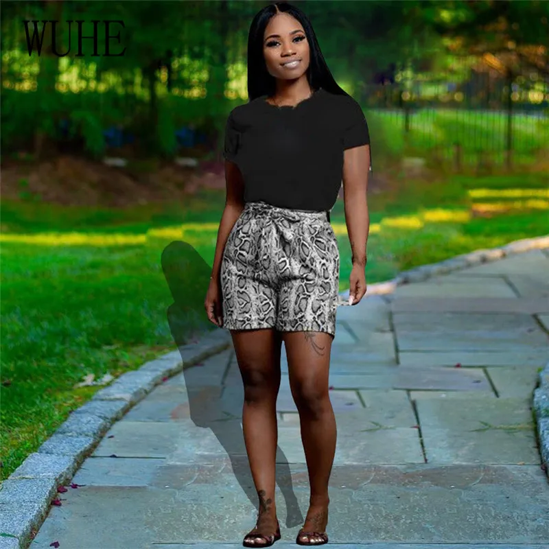 

WUHE Streetwear Two Piece Suits O Neck Short Sleeve Crop Top and Sexy Print Serpentine Pants Casual Party Summer Women Outfits