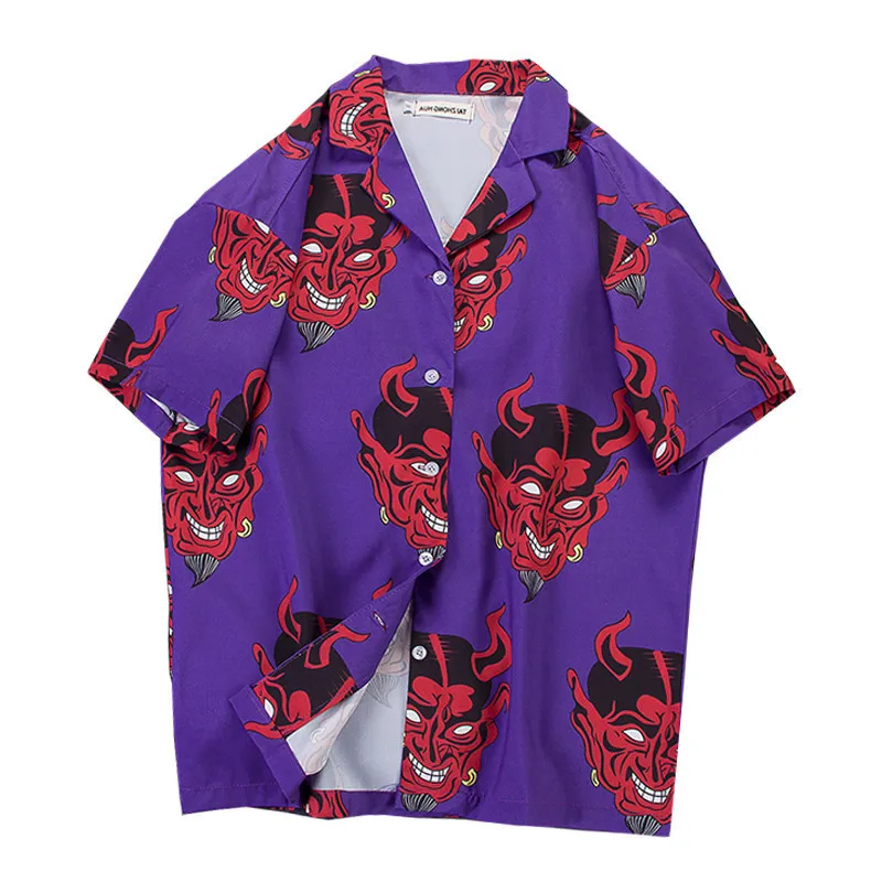

Men Women Devil Full Printing Short Sleeve Streetwear Summer Floral Rapper Loose Hawaiian Korean Shirts