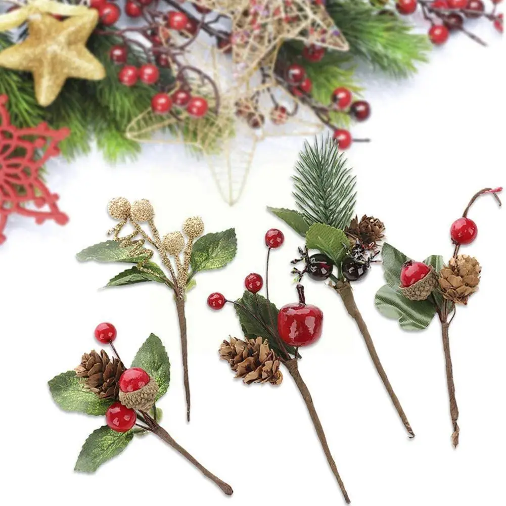 

5pc/set Artificial Flower Red Christmas Pine and Berry Decoration Decor Cone Branches Holiday Floral Party with Xmas Holly I1B4
