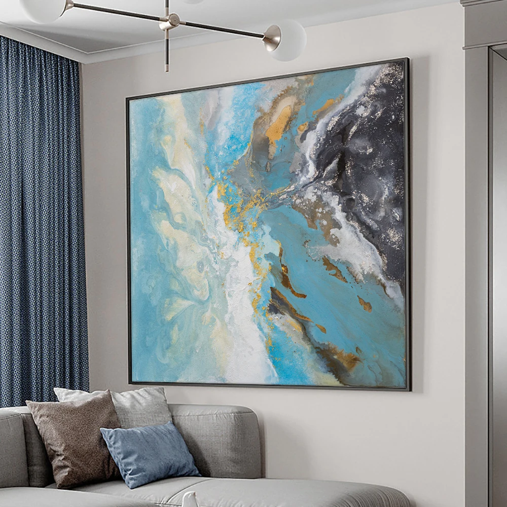 

Abstract Blue With Black Oil Painting 100% Hand Painted On Canvas New Modern Decorative Wall Art For Living Room House Decor
