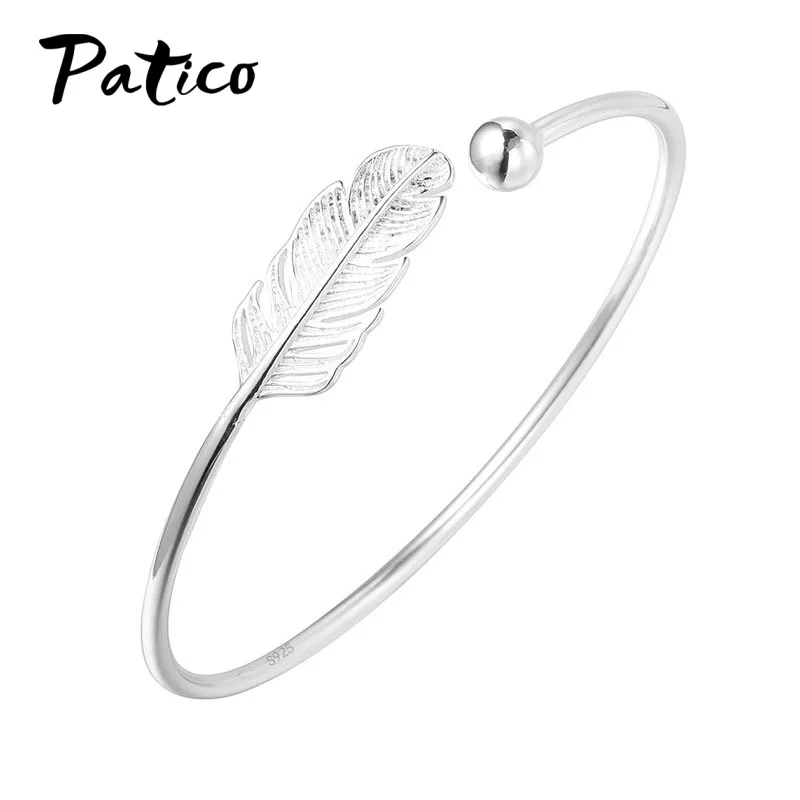 

Stylish 925 Sterling Silver Bangles Vintage Feather Design Bobo Jewelry for Women Fashion Opened Adjustable Bracelets