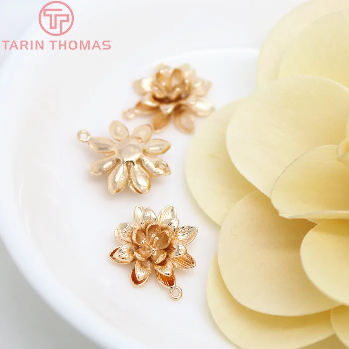 Латунные подвески в виде цветка лотоса с покрытием 24 каратным золотом 4 шт. 17 х19 мм