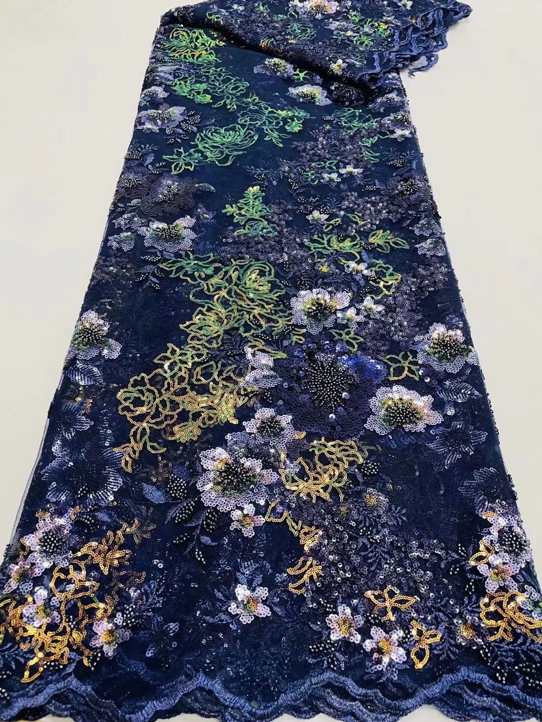 

High Quality Navy Blue Color 2021 Newest Fashion Design Heavy French Lace with Many Sequins and Beads HandWork Tulle Fabric T158