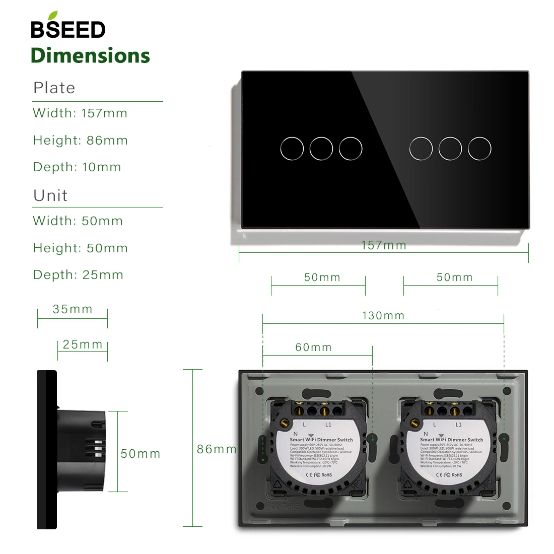 Умный сенсорный Wi-Fi диммер Bseed двухпозиционный выключатель света с 3 клавишами
