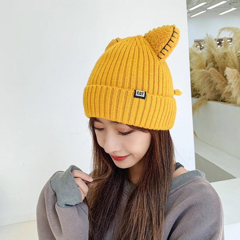 

Милая шапка с ушками, теплая женская шапка, вязаные зимние шапочки с кошачьими ушками, зимняя шапка 2021, женские уличные шапки, шапка, Панама, ...