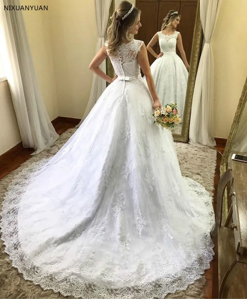 Vestido De Novia винтажное кружевное свадебное платье с аппликацией и бантом со шлейфом